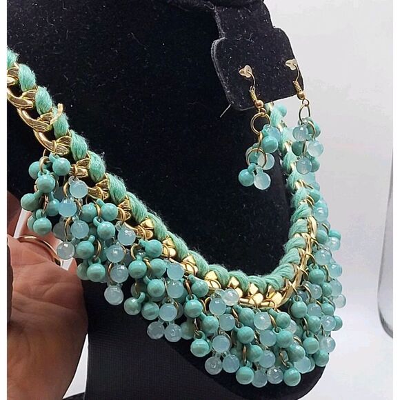 Demi Parure Necklace Earring Turquoise Blue Cluster with Chain Woven Thread Neck - Picture 1 of 5